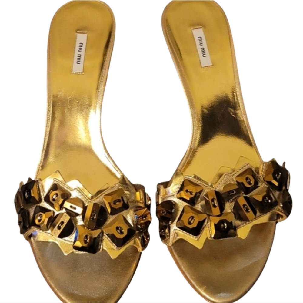 MIU MIU | Gold Metallic Embellished Mule Heels EU 36.5 / US 6.5 - Picture 2 of 8